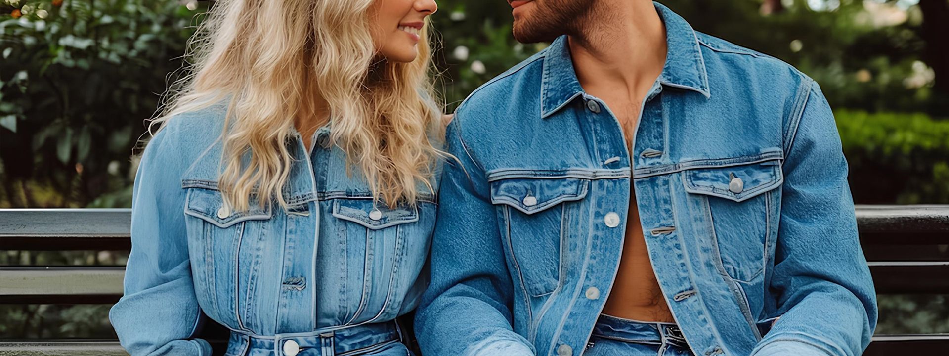 A man and woman sit on a bench outdoors, both wearing matching blue denim jackets and jeans, looking at each other and smiling.
