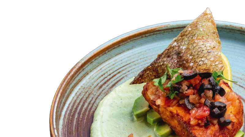 A plated dish featuring a piece of cooked fish with crispy skin, topped with diced tomatoes and olives, served on a green sauce.