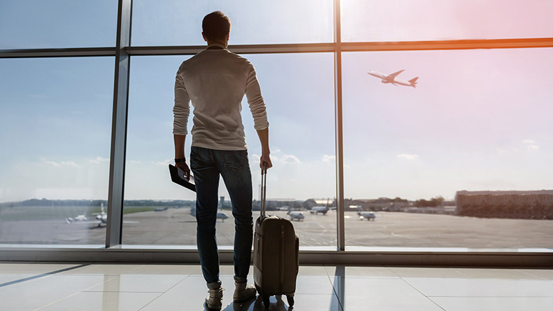 A person with a suitcase looking out a window at an airplane