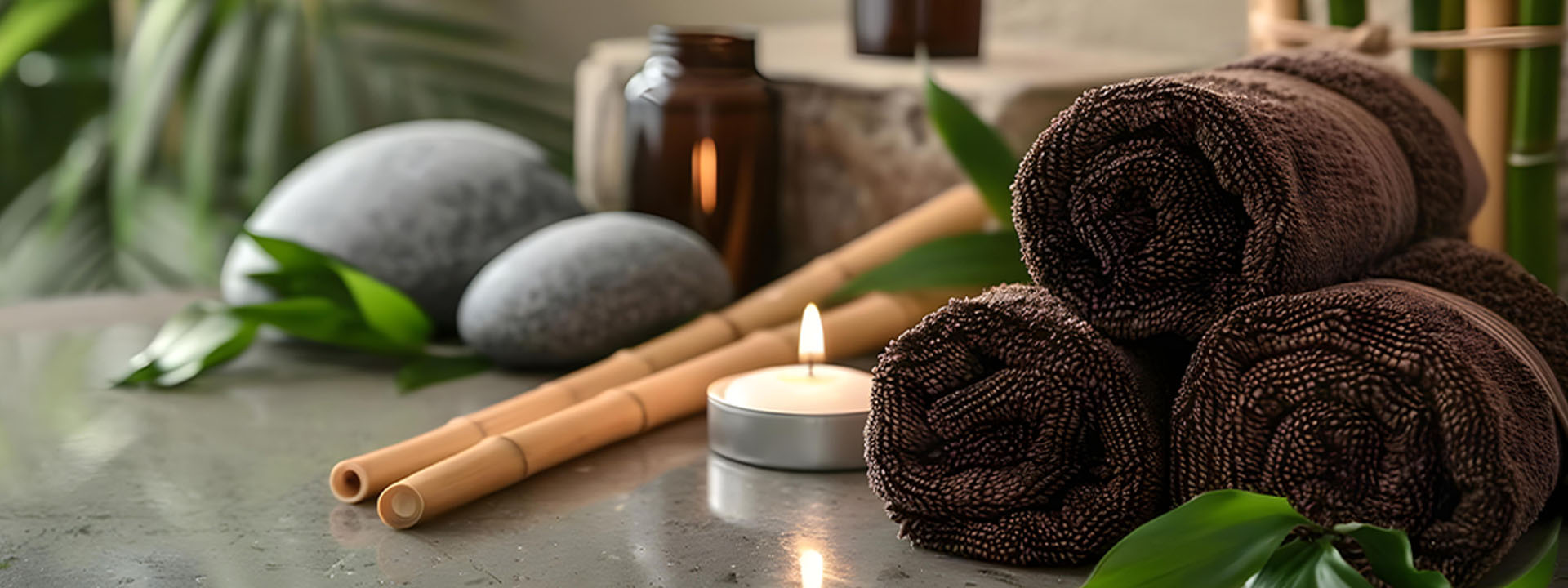 Rolled brown towels, a lit candle, smooth stones, and bamboo sticks on a spa table with green leaves.