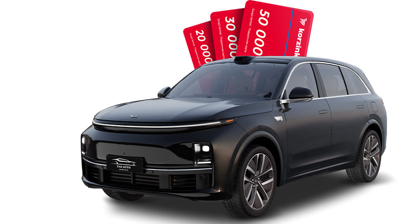 A black electric suv with large promotional tags showing discounts of 20,000, 30,000, and 50,000 units of currency.