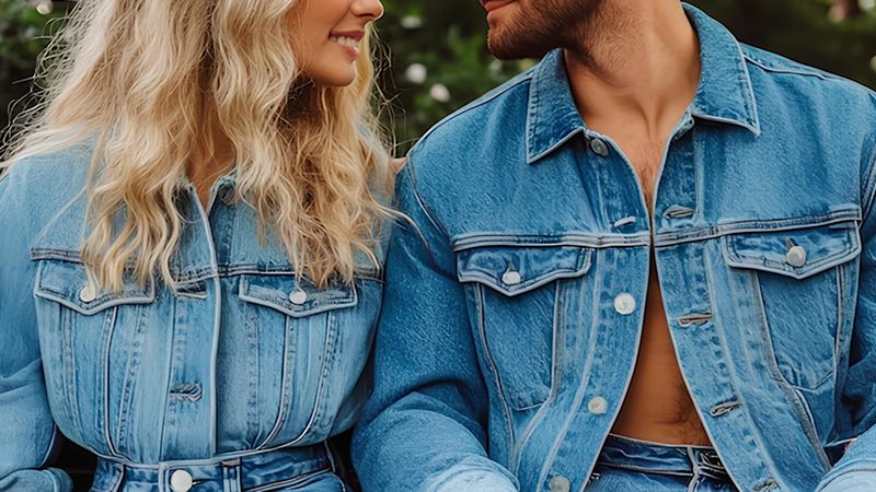A man and woman sit on a bench outdoors, both wearing matching blue denim jackets and jeans, looking at each other and smiling.
